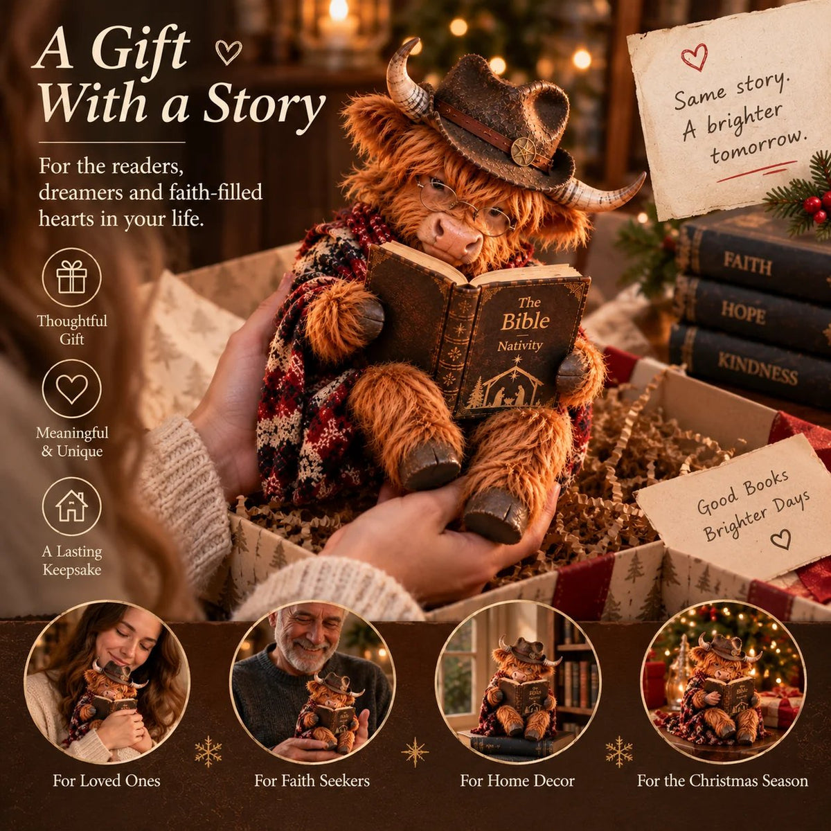 ⏳ Dernier jour : 49 % de réduction – 🐮 Figurine « Highland Cow Christmas Reader » – Cadeau pour les passionnés de lecture, inspiré par la foi