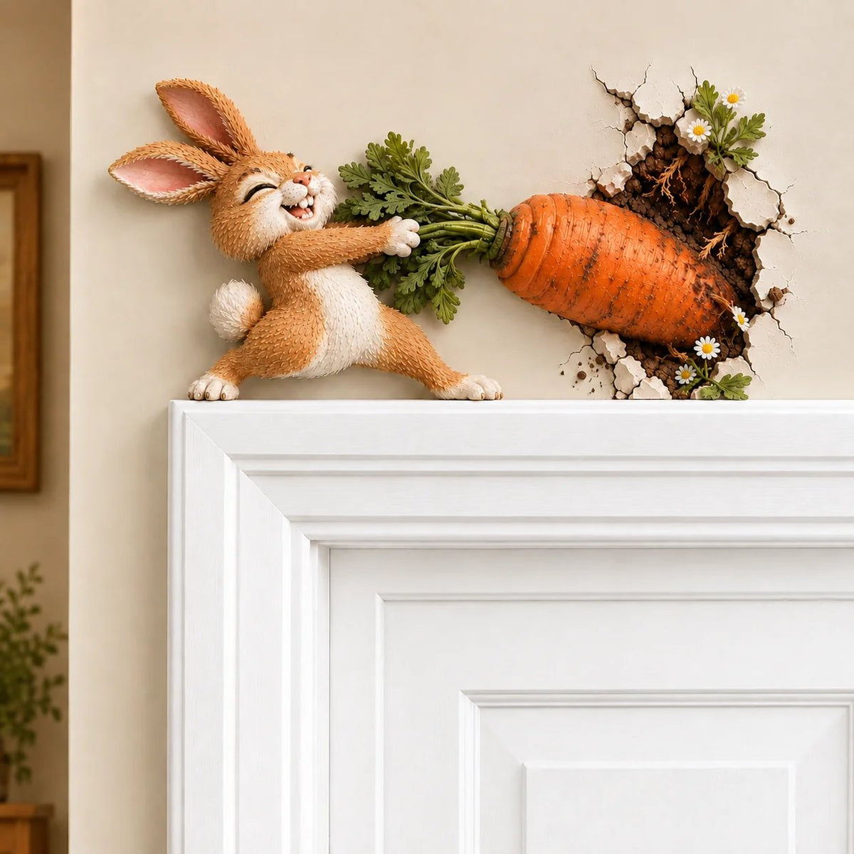 🐰🥕 Décoration murale « Lapin rigolo tirant une carotte » — Décoration de Pâques et du printemps en bois en 3D, à fixer en saillie sur le mur