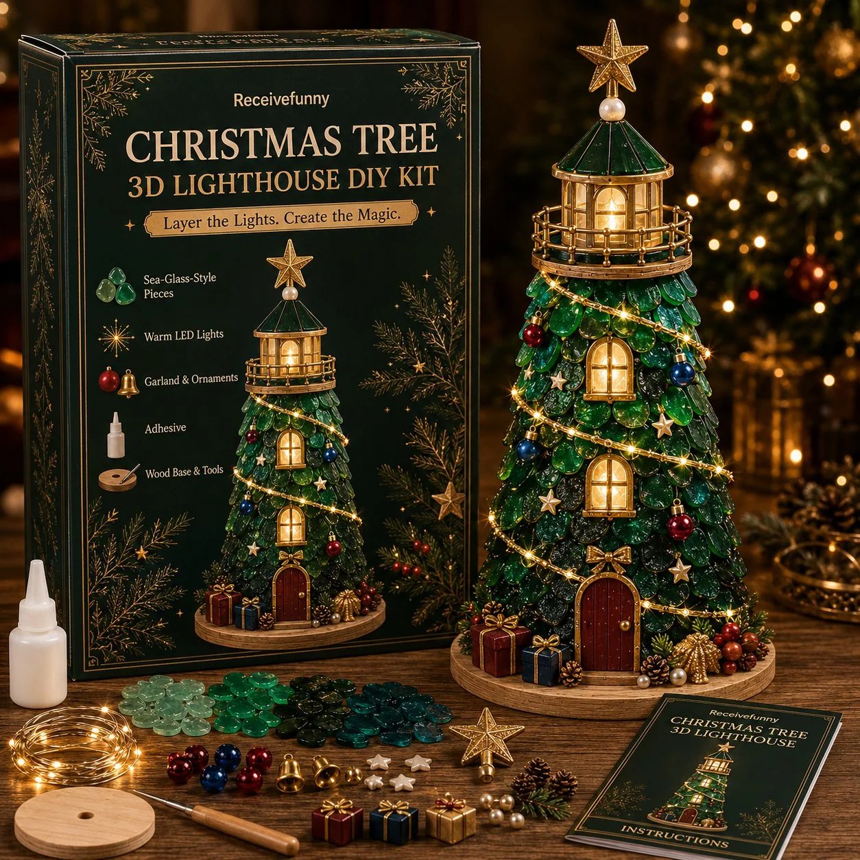 ⏳ Dernier jour : 49 % de réduction – 🎄Collection de kits de phare de Noël illuminés « style verre de mer » à monter soi-même, adaptés aux débutants