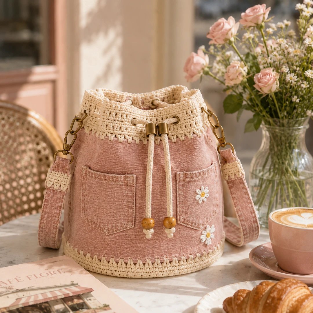 🔥PROMOTION EXCEPTIONNELLE : 50 % DE RÉDUCTION✨👜Sac seau en denim au crochet