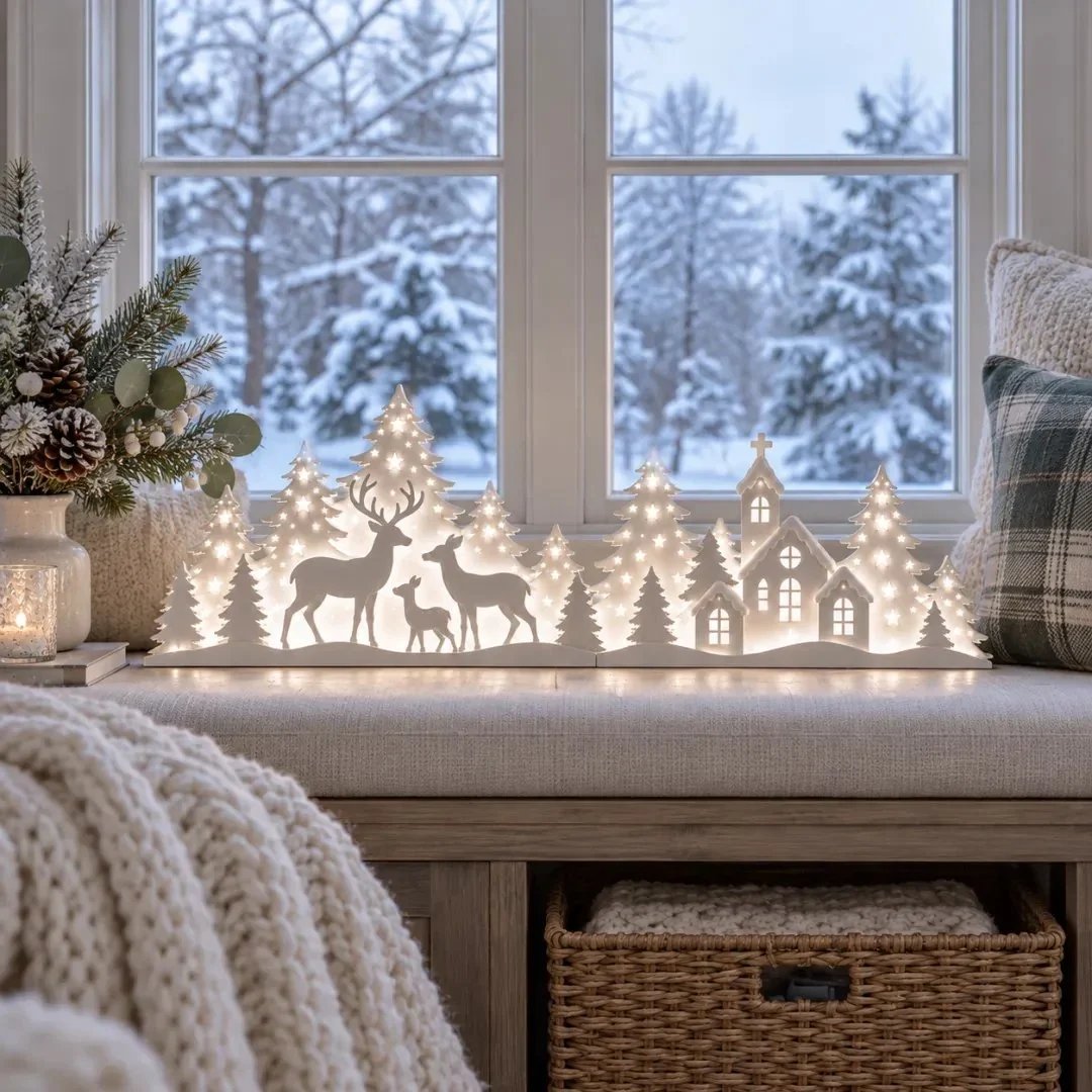 🦌 Décorations de Noël lumineuses pour la fenêtre – rennes et village | Lot de 2 décorations LED ✨