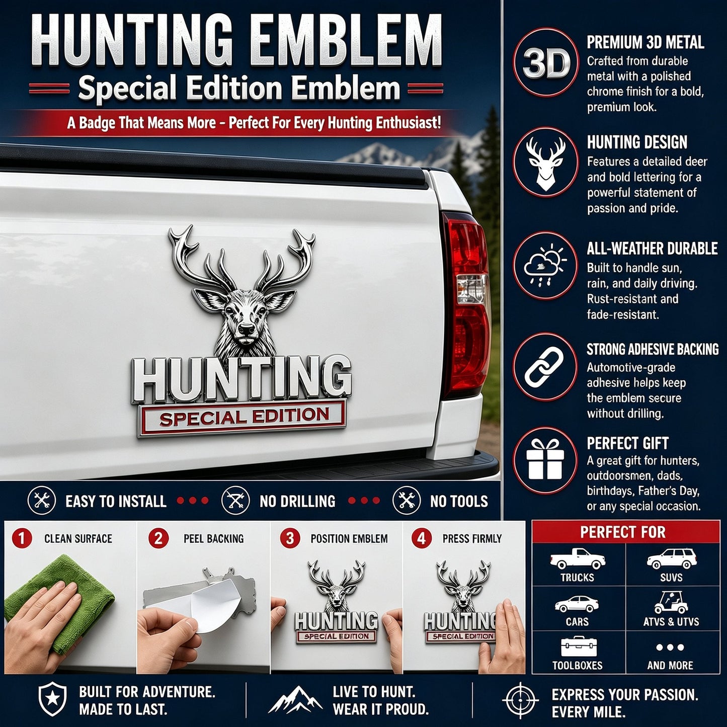 🦌 Emblème « HUNTING » Édition spéciale – Insigne automobile haut de gamme en métal 3D pour les passionnés de chasse
