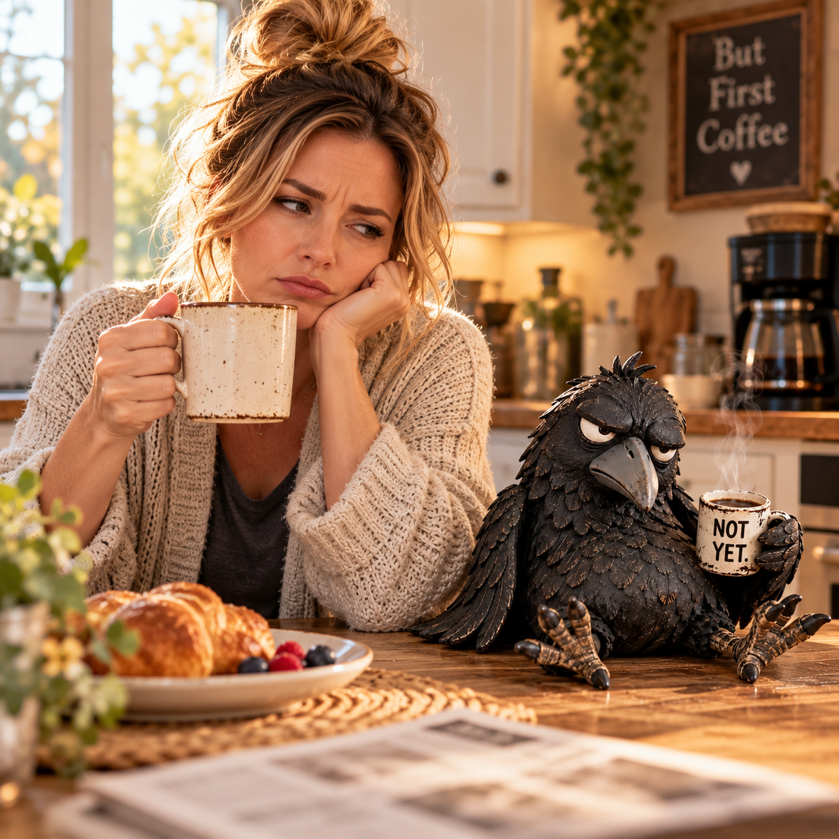 Figurine « Grumpy Coffee Raven » – Décoration matinale humoristique « Pas encore »