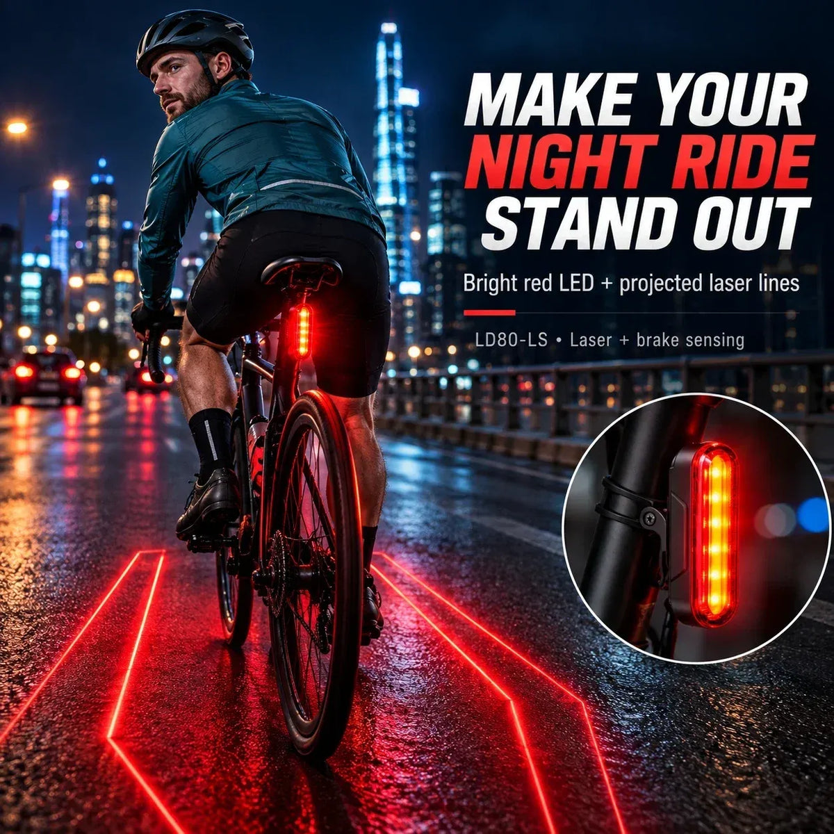 🚨 Feu arrière LED pour vélo avec clignotement activé par le frein | Zone de sécurité laser, autonomie de 22 heures (deux supports de fixation inclus)