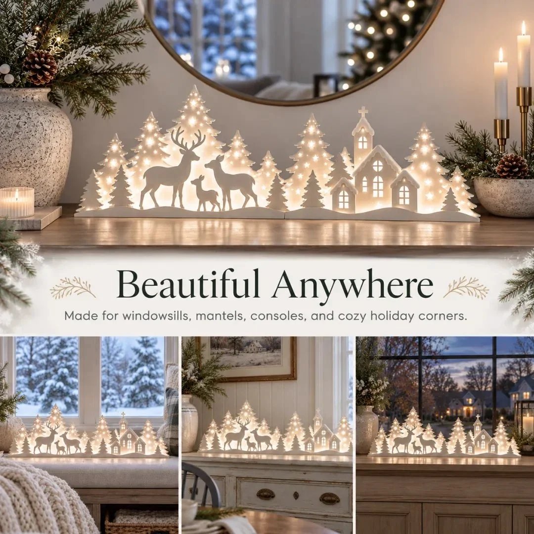 🦌 Décorations de Noël lumineuses pour la fenêtre – rennes et village | Lot de 2 décorations LED ✨
