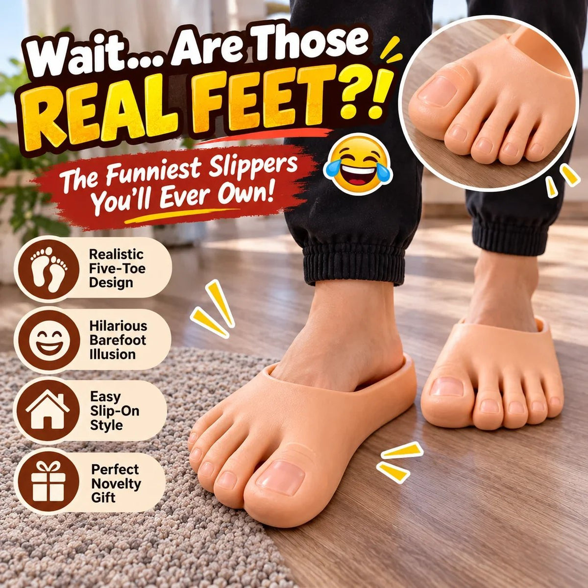 😂 Pantoufles réalistes « pieds nus » – Pantoufles rigolotes à orteils géants, cadeau farce hilarant 👣