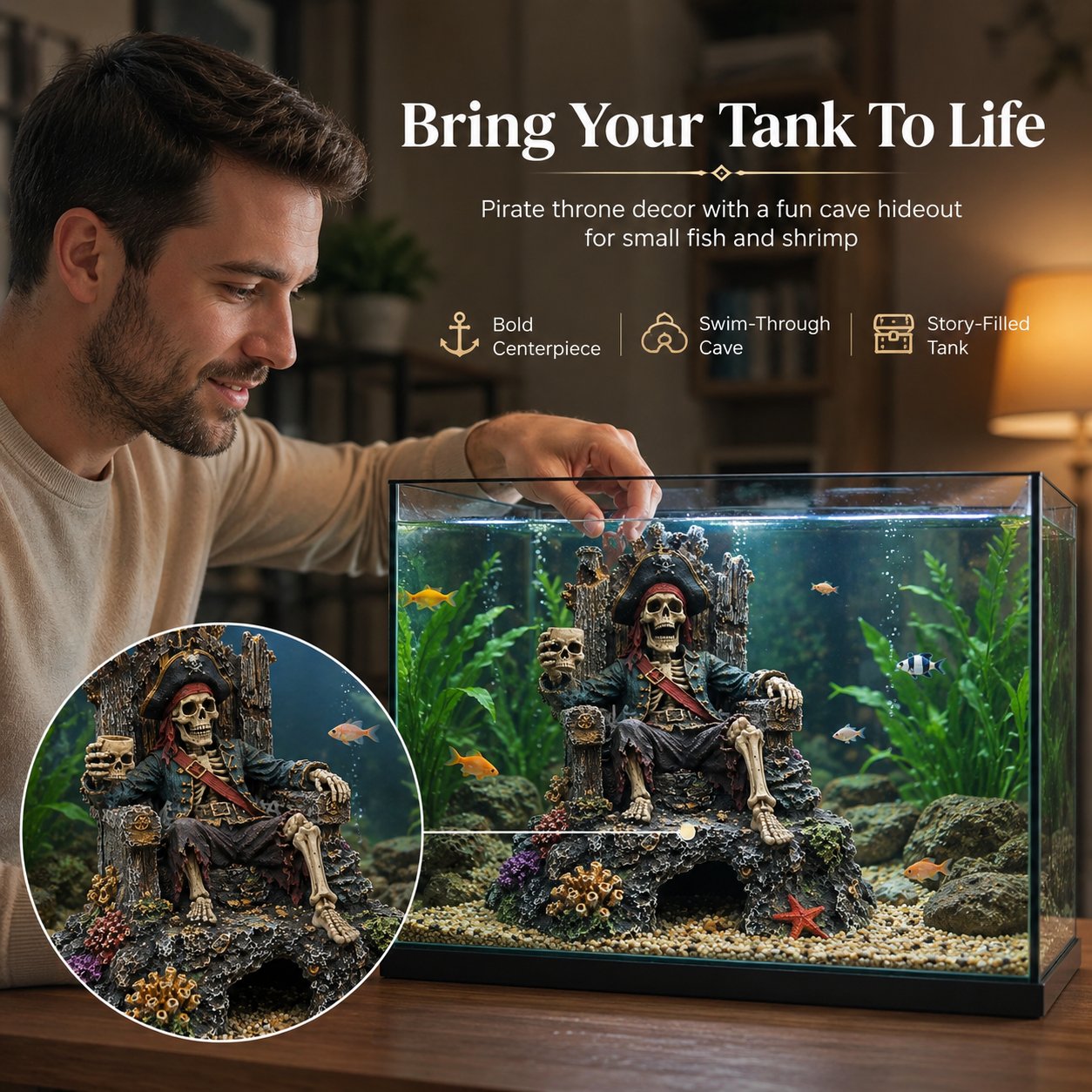 🌊☠️Décoration pour aquarium : grotte-repaire avec trône de squelette de pirate sous-marin