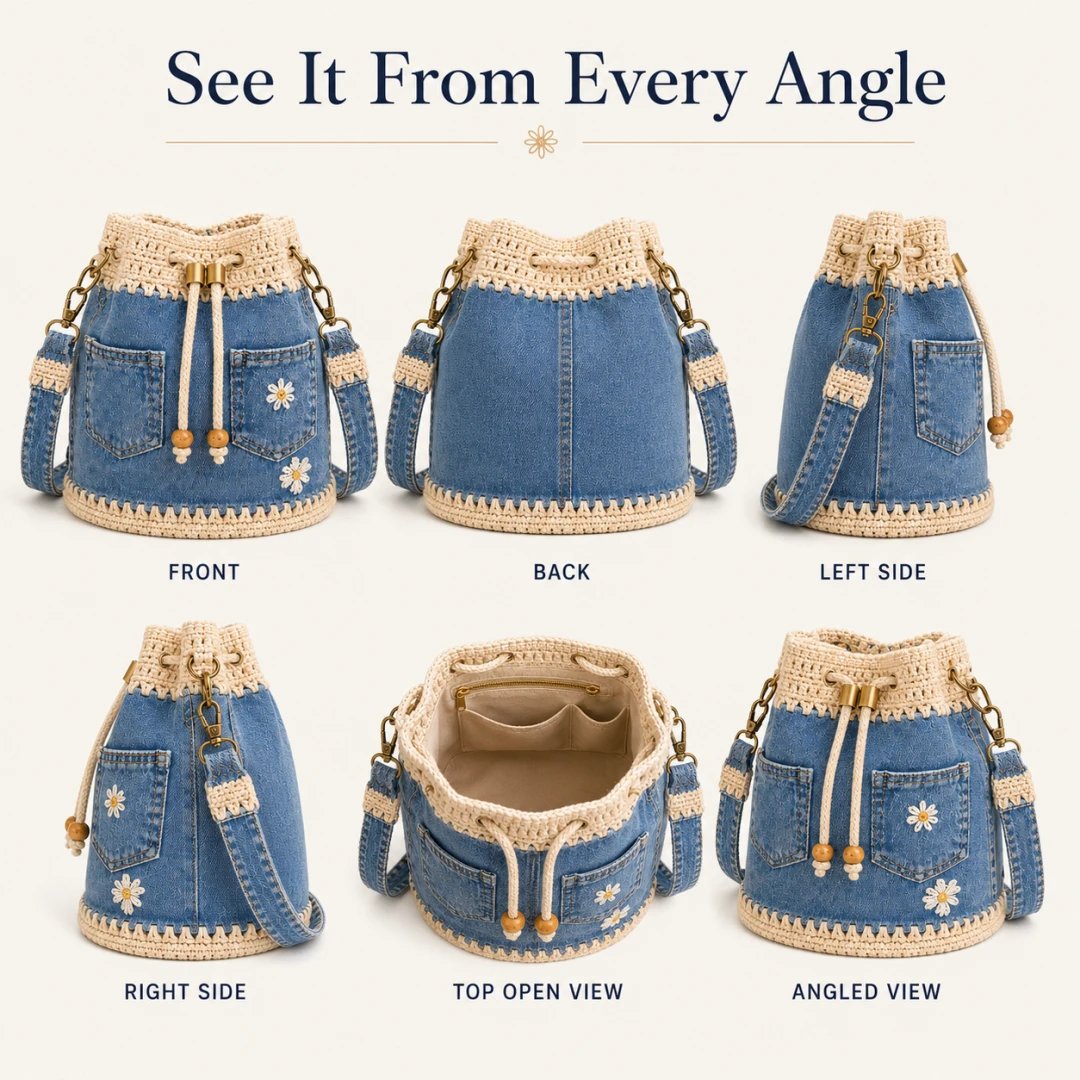 🔥PROMOTION EXCEPTIONNELLE : 50 % DE RÉDUCTION✨👜Sac seau en denim au crochet