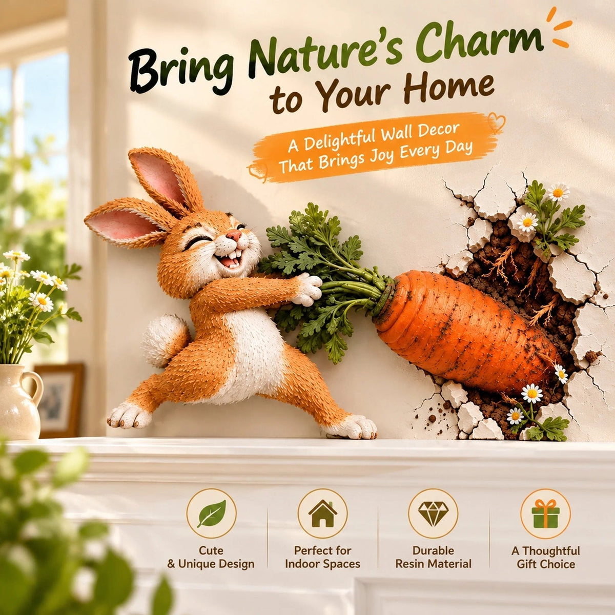 🐰🥕 Décoration murale « Lapin rigolo tirant une carotte » — Décoration de Pâques et du printemps en bois en 3D, à fixer en saillie sur le mur