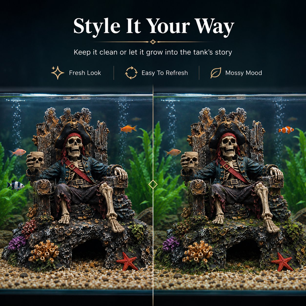 🌊☠️Décoration pour aquarium : grotte-repaire avec trône de squelette de pirate sous-marin