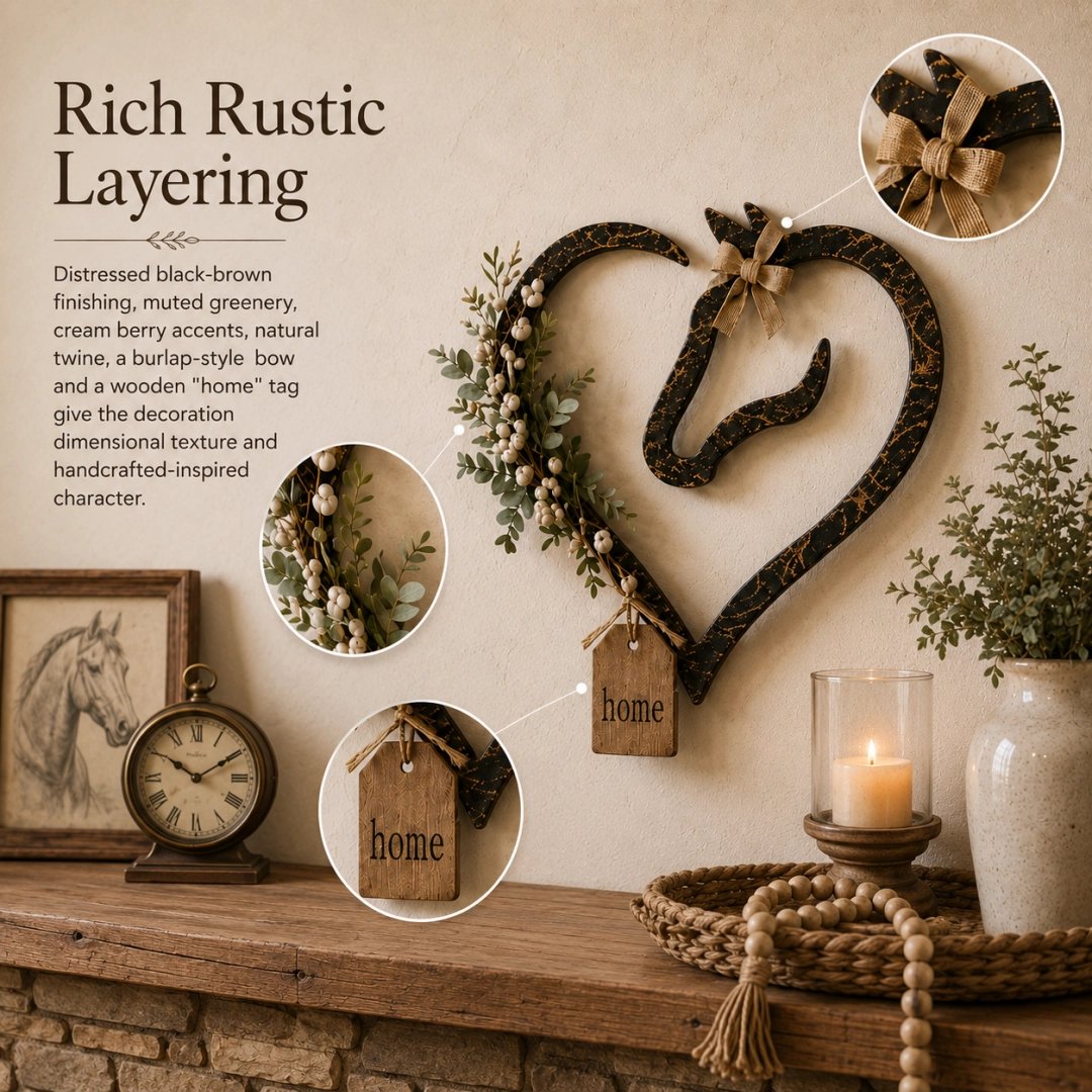 Décoration murale rustique en forme de cœur de cheval avec de la verdure – Objet de décoration pour la maison dans un style fermier et équestre