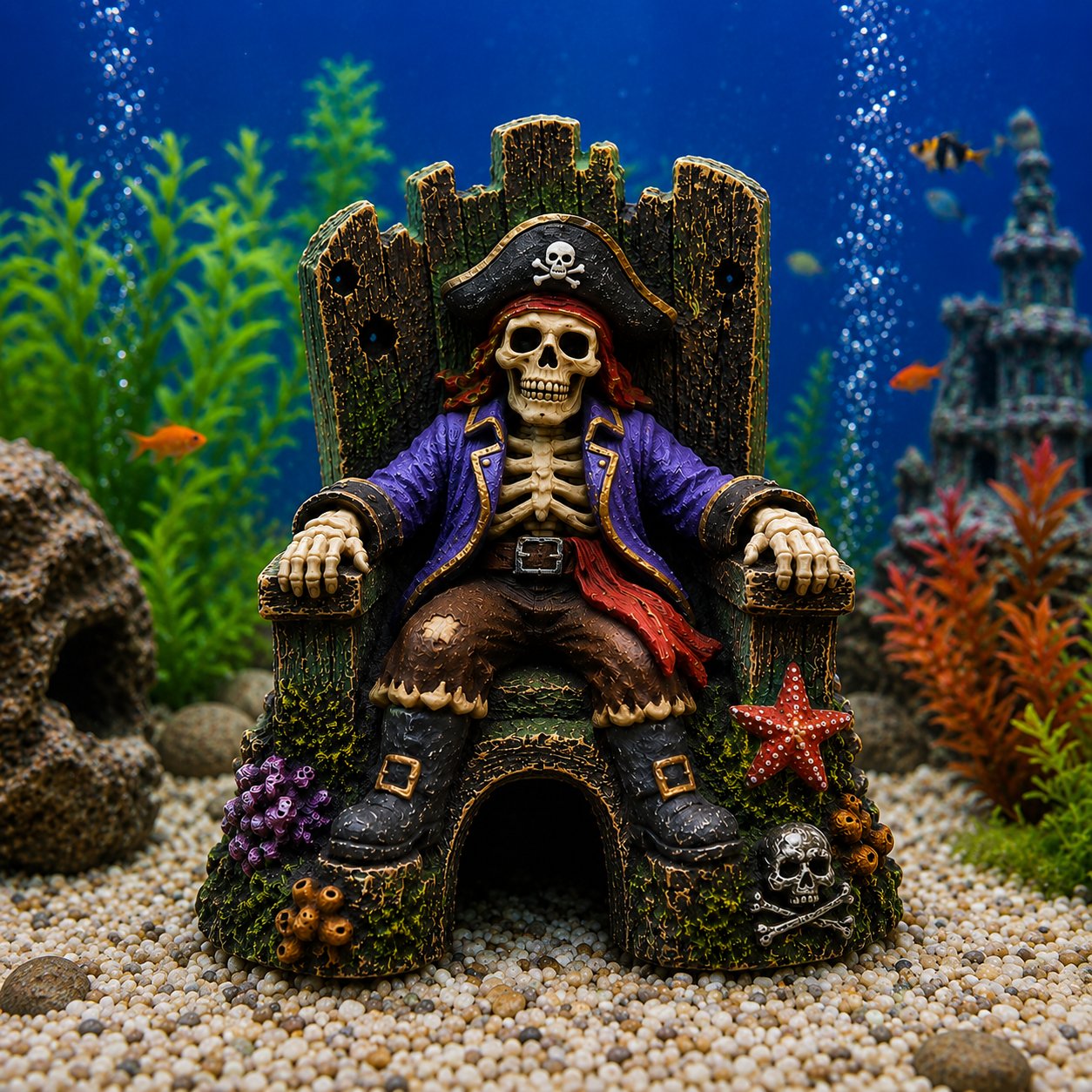 🌊☠️Décoration pour aquarium : grotte-repaire avec trône de squelette de pirate sous-marin