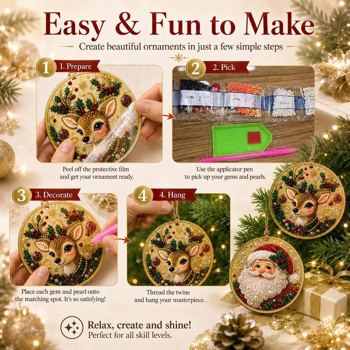 Kit de bricolage de Noël : décorations à réaliser soi-même en peinture diamant – Décorations artisanales à accrocher au sapin de Noël
