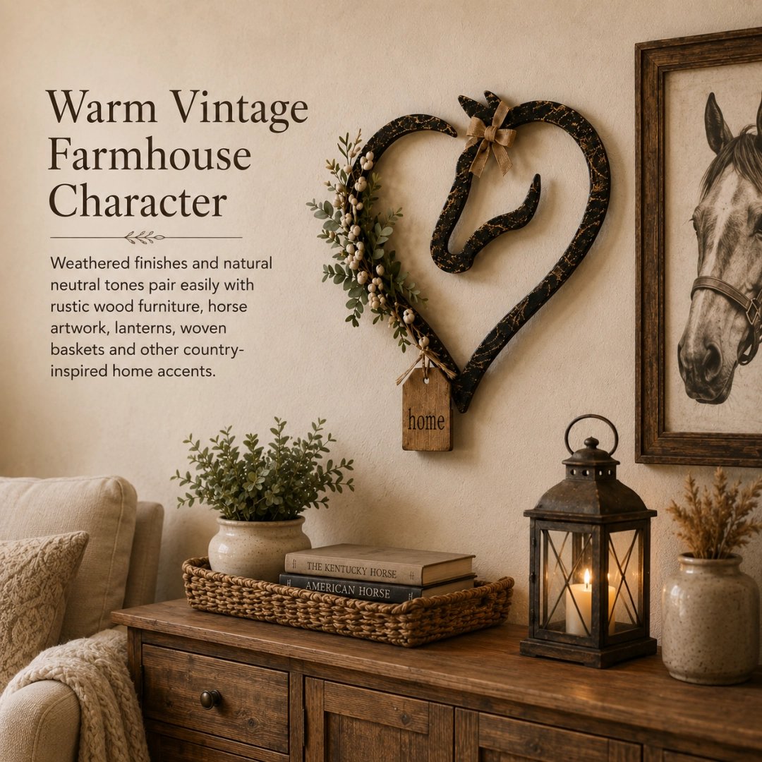 Décoration murale rustique en forme de cœur de cheval avec de la verdure – Objet de décoration pour la maison dans un style fermier et équestre