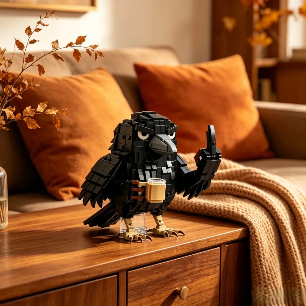 🐦‍⬛ Corbeau sarcastique et café — Jeu de construction – Décoration de bureau humoristique « Ne pas déranger »
