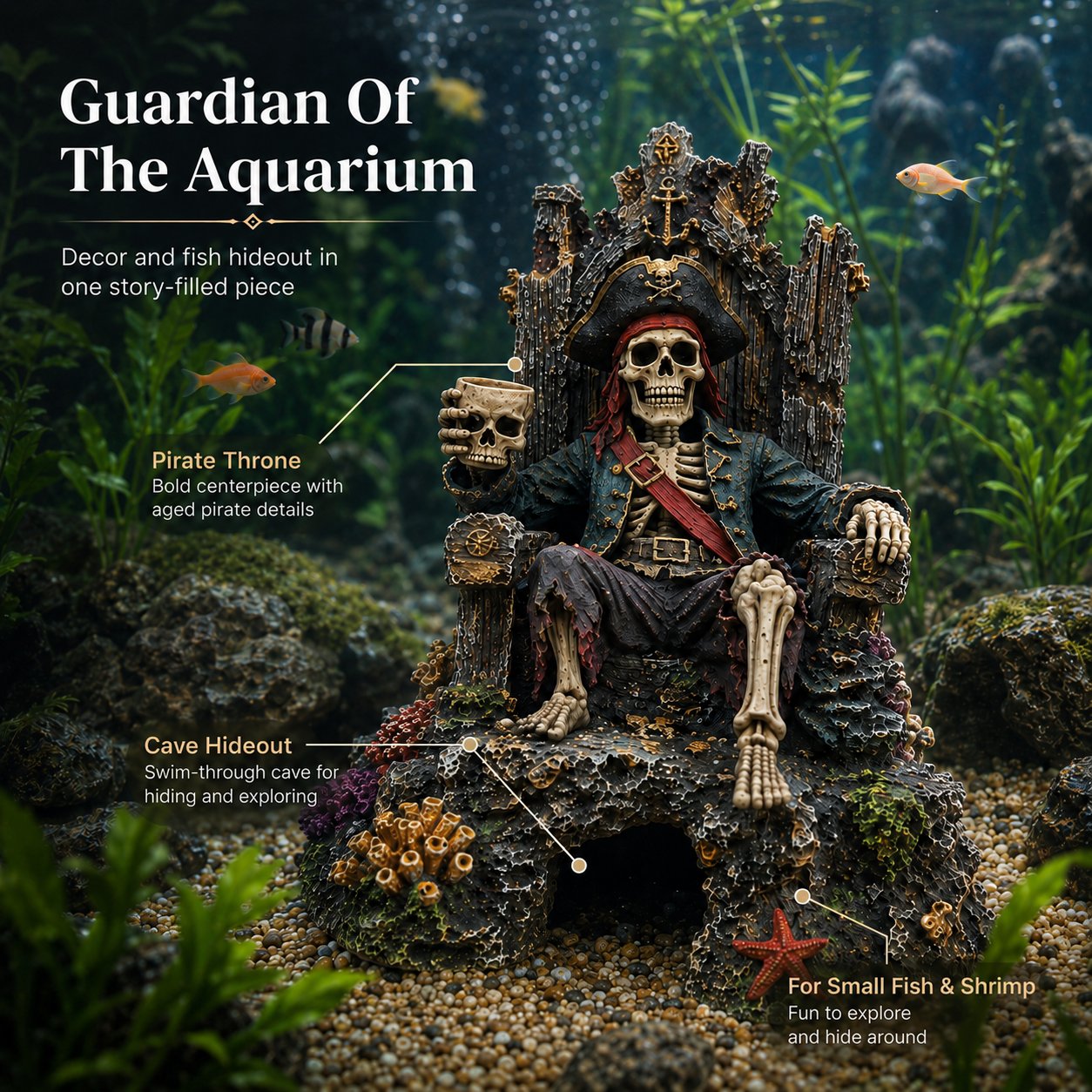🌊☠️Décoration pour aquarium : grotte-repaire avec trône de squelette de pirate sous-marin