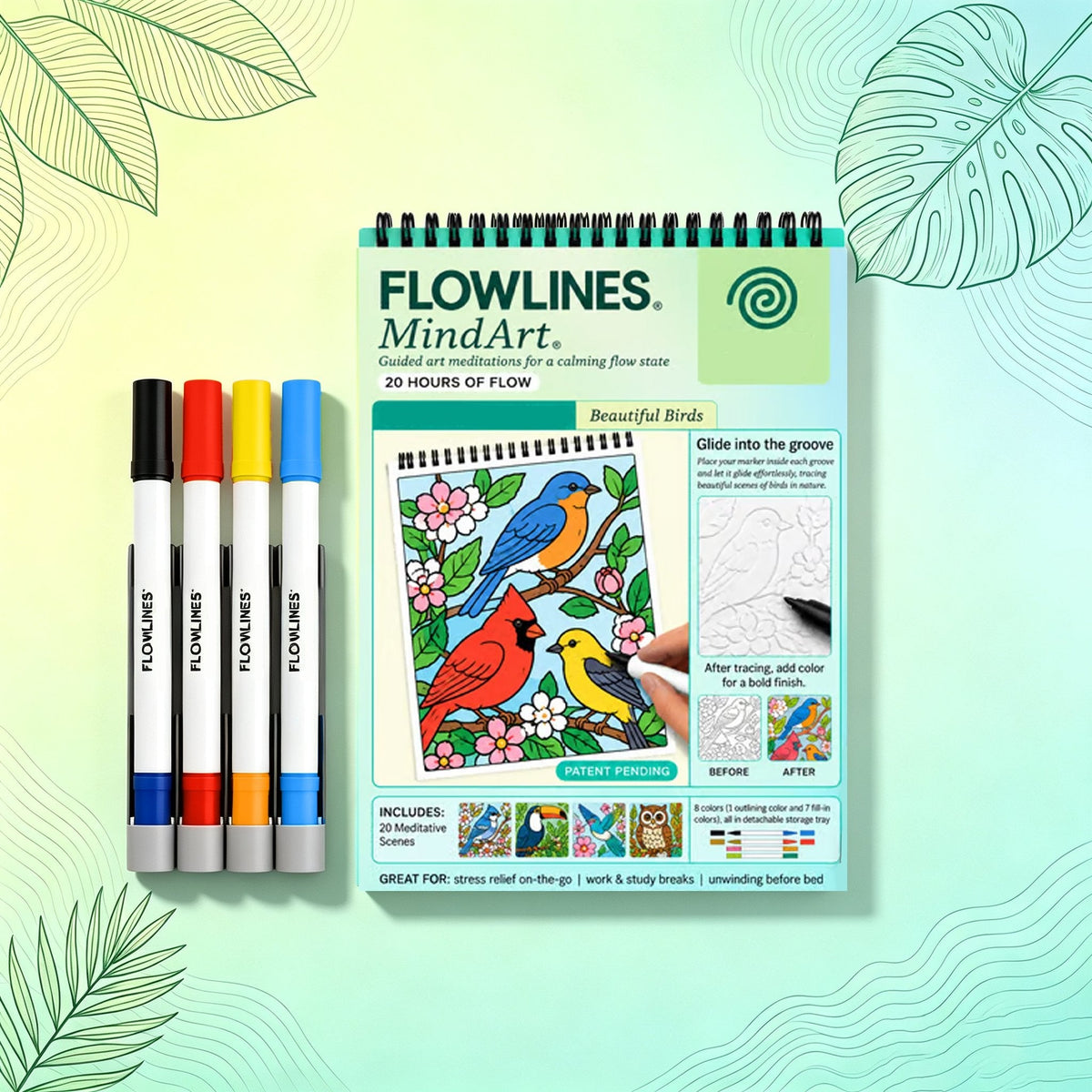 🌿  Cahier de coloriage « Flow Art » avec instructions et feutres double face 🎨