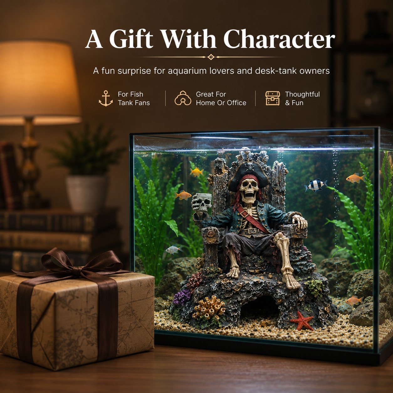 🌊☠️Décoration pour aquarium : grotte-repaire avec trône de squelette de pirate sous-marin