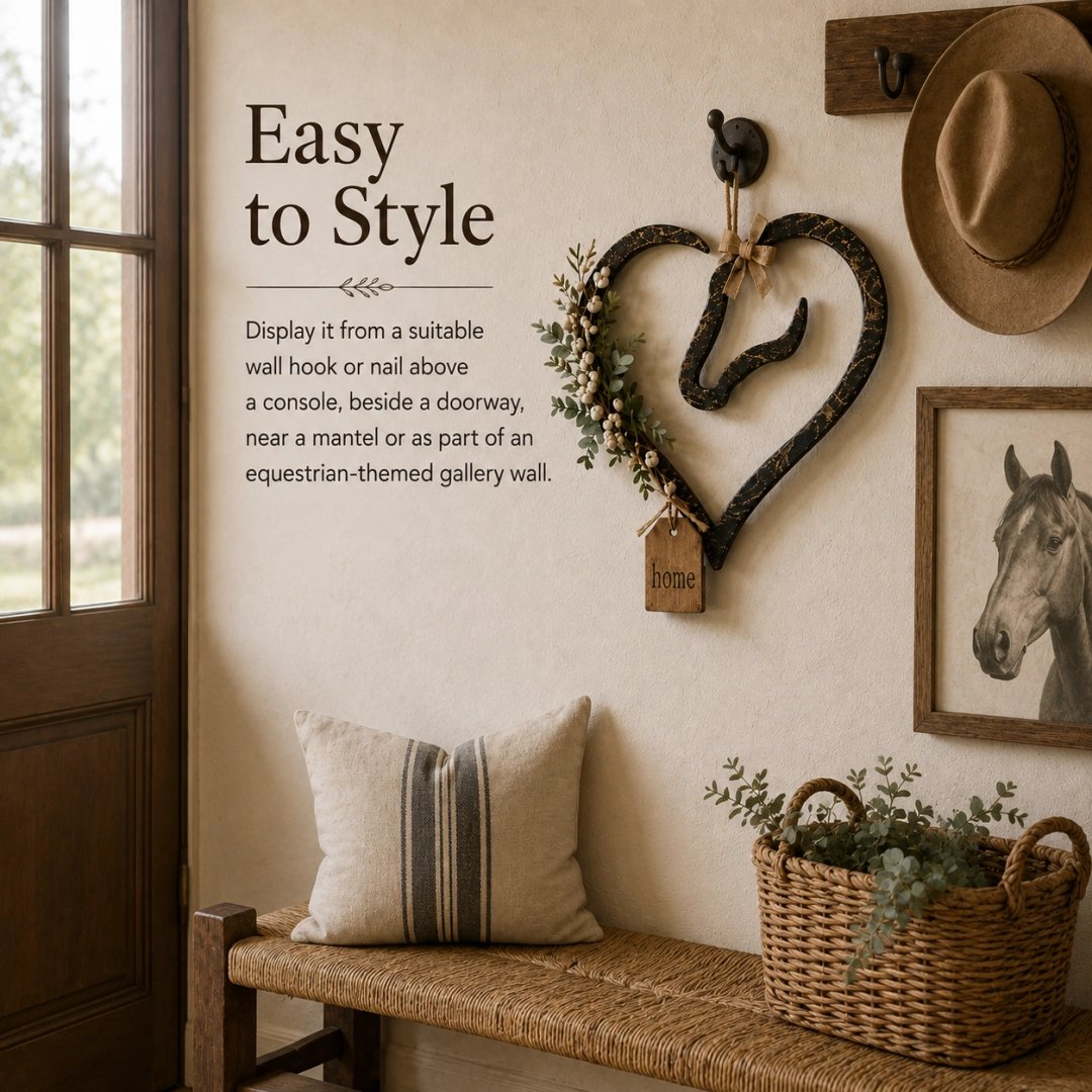 Décoration murale rustique en forme de cœur de cheval avec de la verdure – Objet de décoration pour la maison dans un style fermier et équestre