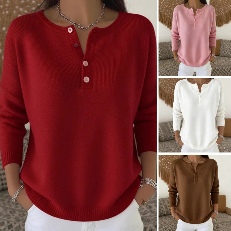 Pull Femme En Maille à Col En V Boutonné