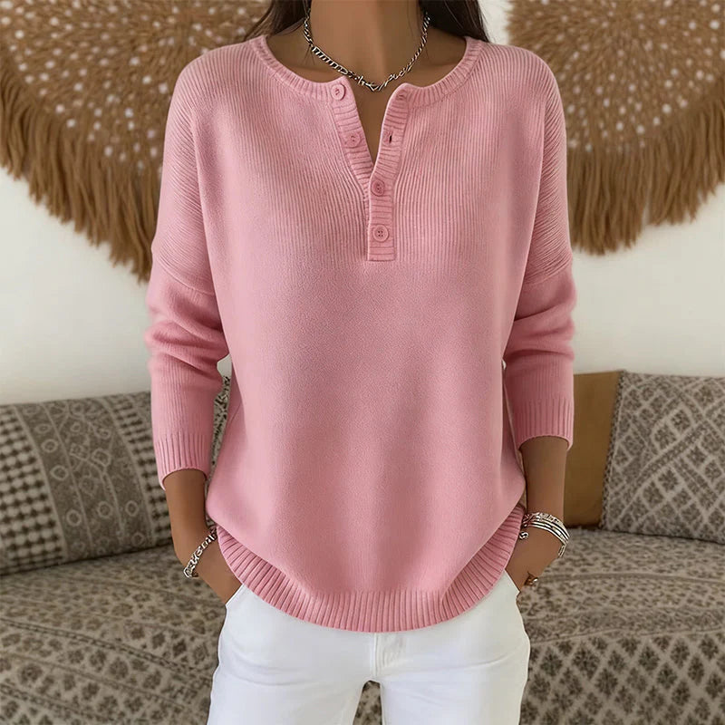 Pull Femme En Maille à Col En V Boutonné