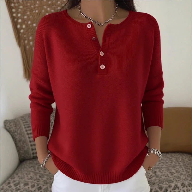 Pull Femme En Maille à Col En V Boutonné