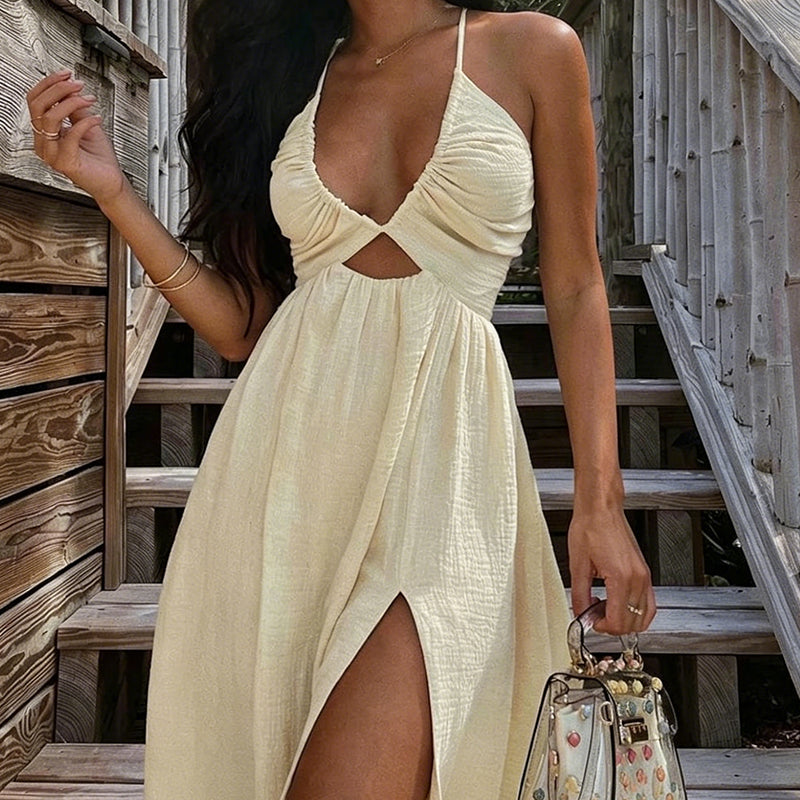 👗 50 % DE RÉDUCTION POUR UNE DURÉE LIMITÉE ! ✨ Robe longue d'été sexy à col en V pour femme – Col en V profond, découpe sur le devant, fente haute, dos nu ☀️