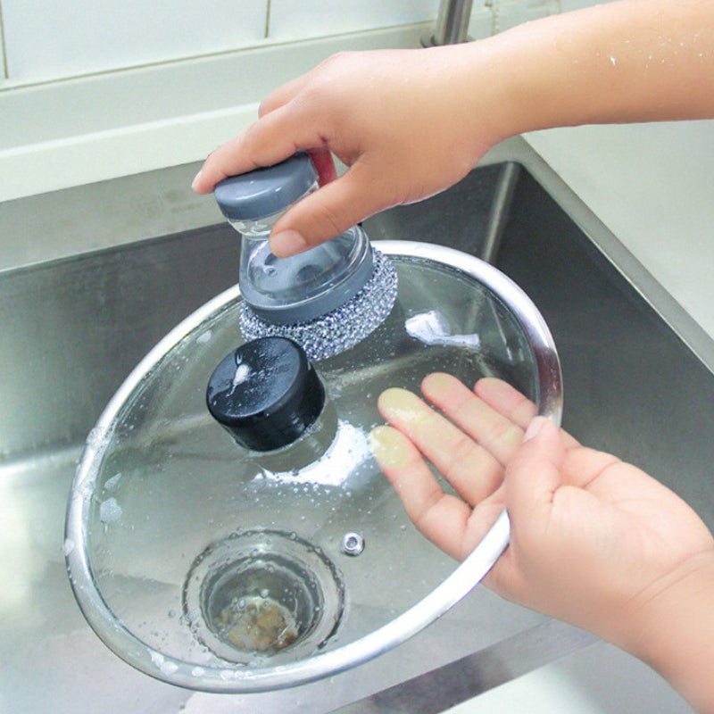 Brosse à récurer avec distributeur de liquide vaisselle et tête amovible en PET