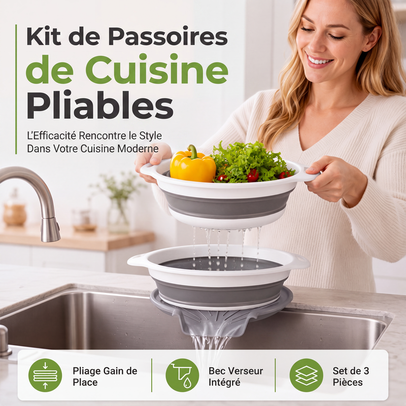 📢 50% de Réduction – Lot de 3 Passoires Pliables avec Base d'Égouttage, Égouttoir Cuisine Gain de Place pour Fruits et Pâtes