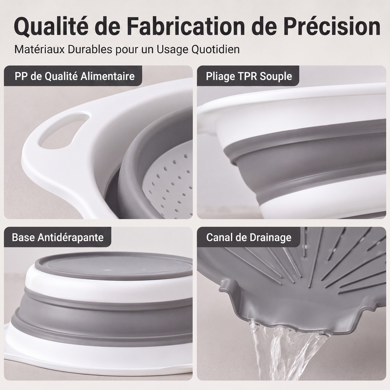 📢 50% de Réduction – Lot de 3 Passoires Pliables avec Base d'Égouttage, Égouttoir Cuisine Gain de Place pour Fruits et Pâtes