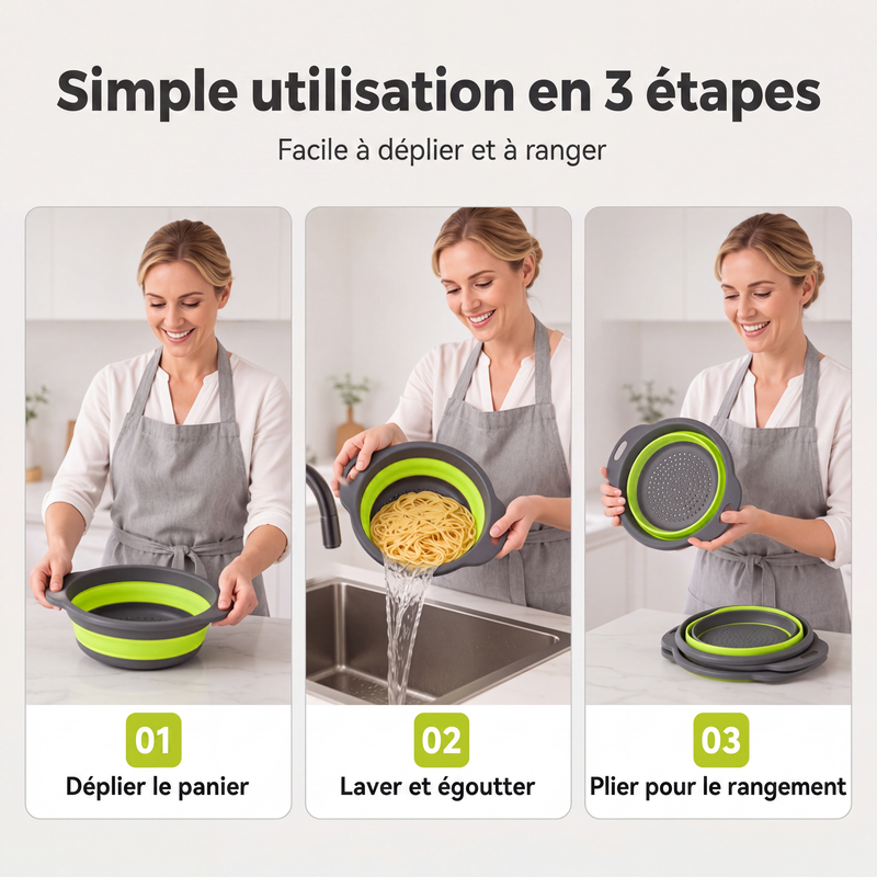 📢 50% de Réduction – Lot de 3 Passoires Pliables avec Base d'Égouttage, Égouttoir Cuisine Gain de Place pour Fruits et Pâtes