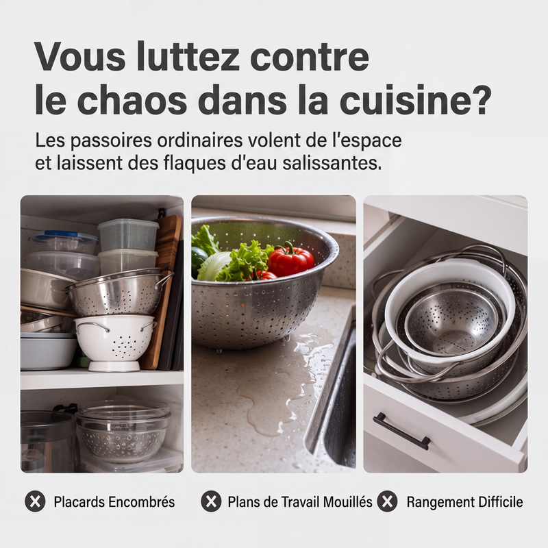 📢 50% de Réduction – Lot de 3 Passoires Pliables avec Base d'Égouttage, Égouttoir Cuisine Gain de Place pour Fruits et Pâtes