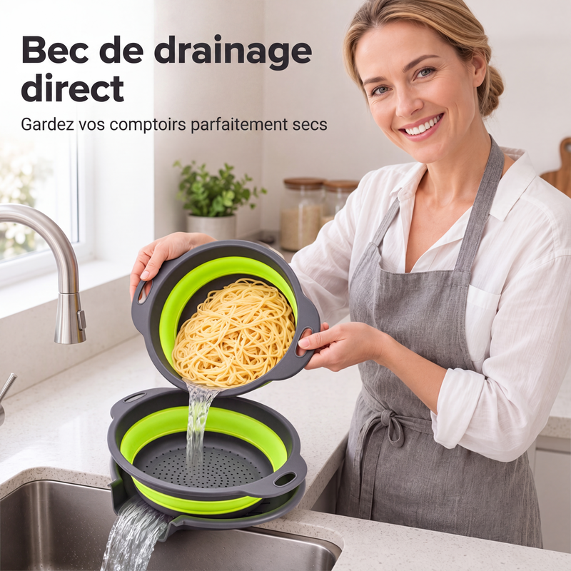 📢 50% de Réduction – Lot de 3 Passoires Pliables avec Base d'Égouttage, Égouttoir Cuisine Gain de Place pour Fruits et Pâtes