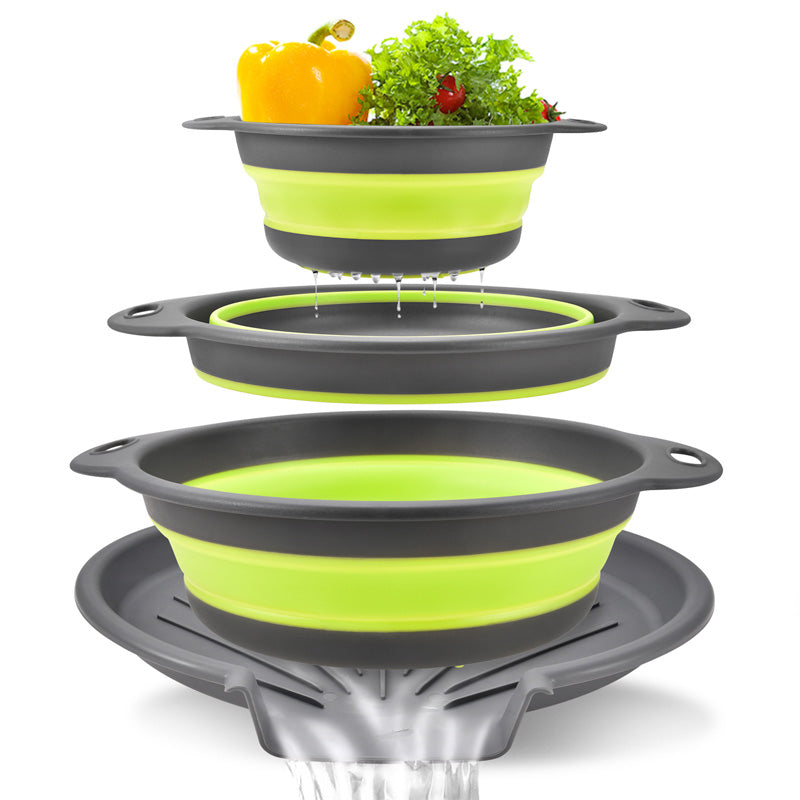 📢 50% de Réduction – Lot de 3 Passoires Pliables avec Base d'Égouttage, Égouttoir Cuisine Gain de Place pour Fruits et Pâtes