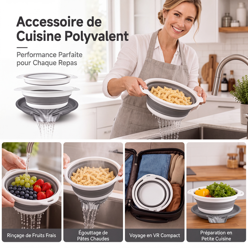 📢 50% de Réduction – Lot de 3 Passoires Pliables avec Base d'Égouttage, Égouttoir Cuisine Gain de Place pour Fruits et Pâtes