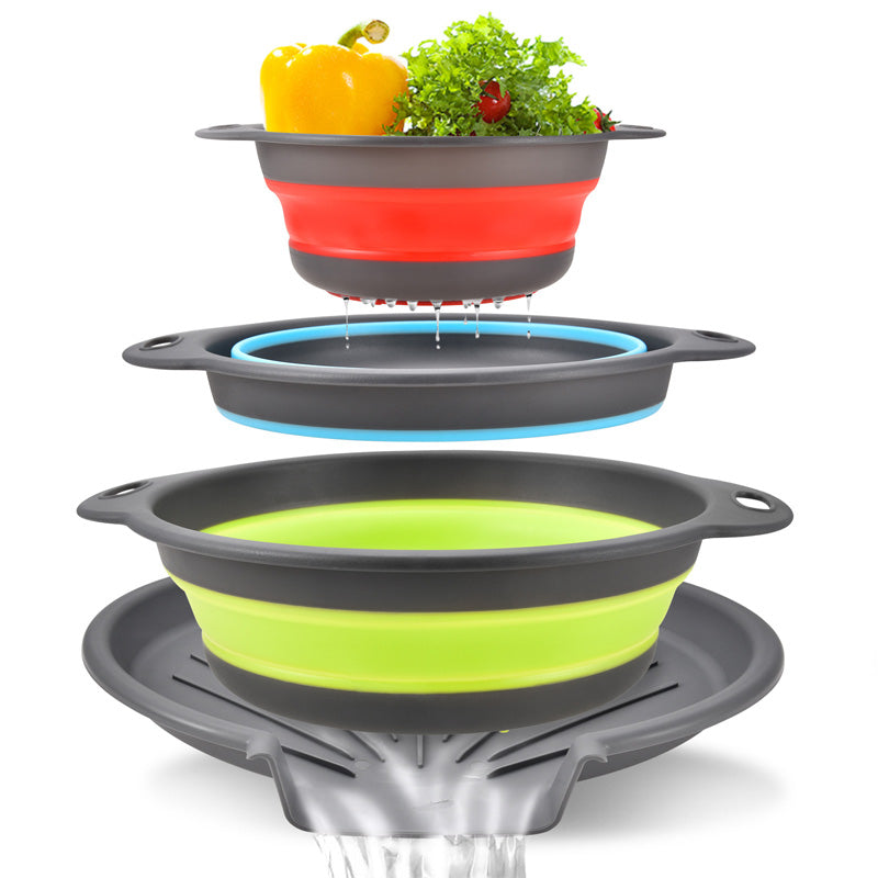 📢 50% de Réduction – Lot de 3 Passoires Pliables avec Base d'Égouttage, Égouttoir Cuisine Gain de Place pour Fruits et Pâtes